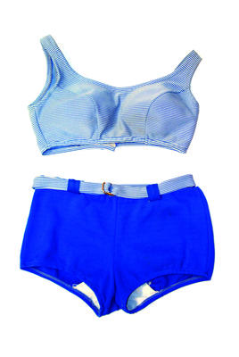 Horizontal blue stripe on white textured nylon top with button strap at back pants plain blue with blue/white striped belt and gold buckle machine made, stiffened bra cups inserted.