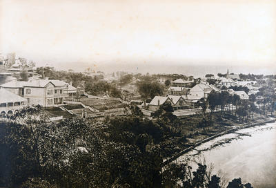 East across West Esplanade Reserve to the flat of Manly and beyond, showing the Camera Obscura Tower at Dalley's Castle, West Esplanade Reserve sans pine trees and manly old houses