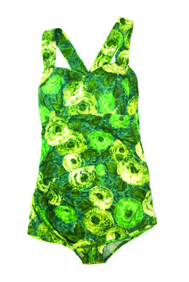 shades of green flower pattern cotton shirred back buttoned shoulder straps lap front S40; Front draped at lower RHS; Boned at side bust