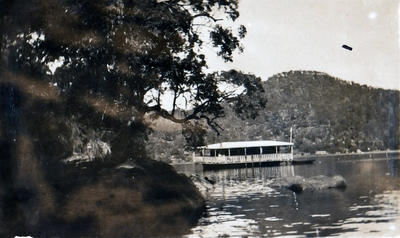 Cowan Creek showing a houseboat used by holidaying members of Manly Surf Club