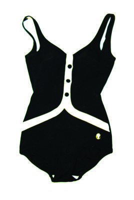 Polymide black and white with buttons on white centre Y design gold crown logo (metal) sewn on bottom LHS scoop back machine made size 34, well cut practical swimsuit.