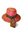 Straw hat dark pink with white raffia (tinsel like) trim overall patterned brown/grey/pink/blue fabric band around tall flat top crown pointed tail tie at rear small flat brim machine sewn