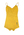 Yellow woolen one piece with shaped bustline, V back and cross-over straps. Modesty skirt with black Lance Sword logo on left side.