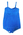 Bright blue female rayon lastex one piece with cross-over straps, boned bustline and modesty skirt.