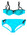 Cotton turquoise bikini with black edging and straps on top black bows and keyholes at hips on pants black plastic clips at back of top ,machine sewn. Cups are underwired and padded, hipster pants.