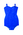 Stretch rayon bright blue one piece fitted darted lined and shaped bust narrow straps halter or attached in rear tabs bones top sides( one has been removed) legs cotton gusset machine made.