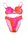 Fluorescent pink and orange velour bikini. Bra is padded and has underwire with a bow at the front. Back has a gold metal clasp. Bottoms have high cut legs with gathered v-detail at front.