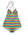 Horizontal striped one piece with halter tie neck. Gathered bust detail with V neck. Green, blue, orange, yellow and black.