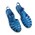 Sandals plastic blue tongue with strap over top of foot and around ankle metal buckle on outside front end of foot partially covered by straps joined down centre interwoven flat heel mould made