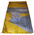 Flag in blue, grey and gold polyester, decorated with landscapes and triangular shapes in centre, label lower LHS