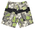 Grey, white and lime green shorts with patterns of ferns, stars and hibiscus. White lace up front with velcro. Side pocket with logo. 100% polyester, size 32.