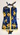 Cotton blue green and yellow long halter neck tie straps shirred back, yellow band down centre and along bottom of skirted front, five plastic buttons at centre front.