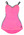 Bri-nylon hot pink with navy blue and white trim and shoulder straps v-neck skirted front elasticised leg and back built-in bra size 34, logo 2 LHS front lower.