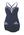 Woolknit navy blue with white striped detailing around neckline and false pockets, three large white buttons centre bust and a button on each pocket, boned, cotton bust lining