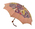 Parasol with wooden central rod, canopy with pink and purple flowers and pink band, metal frame, yellow plastic handle with maroon rope, shallow dome shape