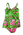 Cotton green and red floral print red binding adjustable bottoned straps elasticised back shirred without cup inserts 'with' boning cuffed rim around neckline, modesty skirt. See 937