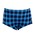 Navy and light blue and white checked nylon trunks with small sailboat ironon label front RHC