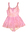 Polyester one piece costume in pink printed polyester with frilled neckline, boned and shirred side panels, stiffened bra cups, AERO back zipper and pleated skirt. Lined throughout with cotton. Straps are adjustable with buttons at the back.