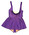 Violet and white bri-nylon fullpiece with pleated skirt, white bib front, purple trim and bow at front, shirring at back with lightening zipper, side seams boned with nylon, size 34, 'Watersun' brand