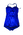 royal blue with two rouched panels going up the length of the bathers and around the bust. An embroidered lady is diving on the right hand side in a red costume. Rayon rubber fabric lightening zipper centre back.