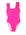 Pink with high cut leg. Wide shoulder straps and square neck. Zig zag stitching and flesh coloured lining.