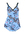 Bri Nylon one piece printed with floral pattern of pale blue, navy, white and pink with navy neck trim, stiffened bra cups and modesty skirt. Straps are adjustable with buttons.