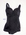 Black one piece with black buttons on front and scalloped neck trim