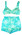 Nylon aqua with white rod design top has a gold link clasp and inset cups fabric has a glitter sheen to it machine made